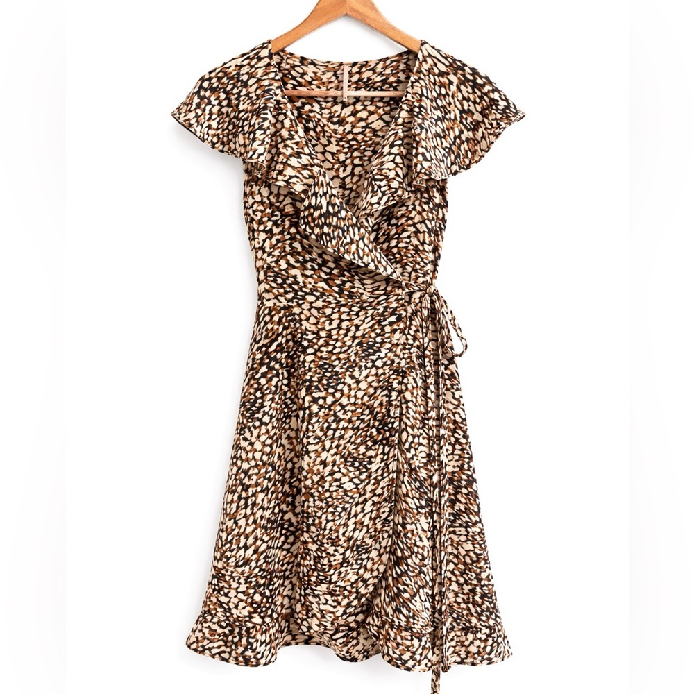 Free People Animal Print Ruffle Wrap Mini Dress XS Brown Boho Viscose